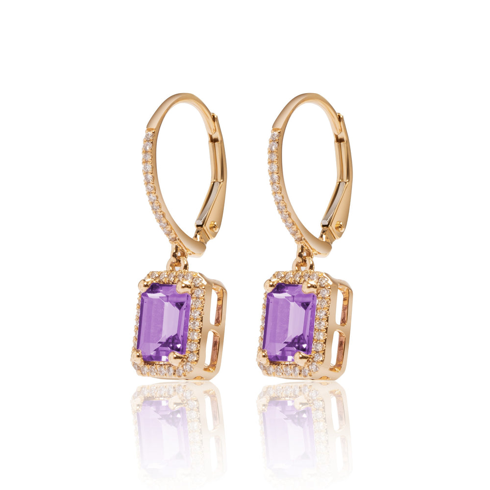 
                  
                    Load image into Gallery viewer, Amethyst and micropave halo diamond drop earrings in 18k gold
                  
                