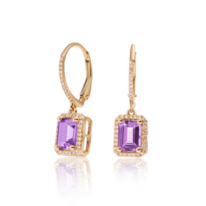 
                  
                    Load image into Gallery viewer, Amethyst and micropave halo diamond drop earrings in 18k gold
                  
                
