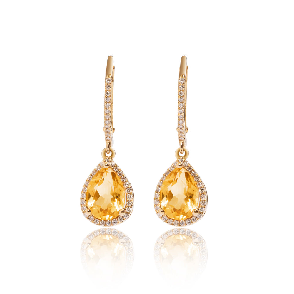 Citrine and micropave halo diamond drop earrings in 18k yellow gold