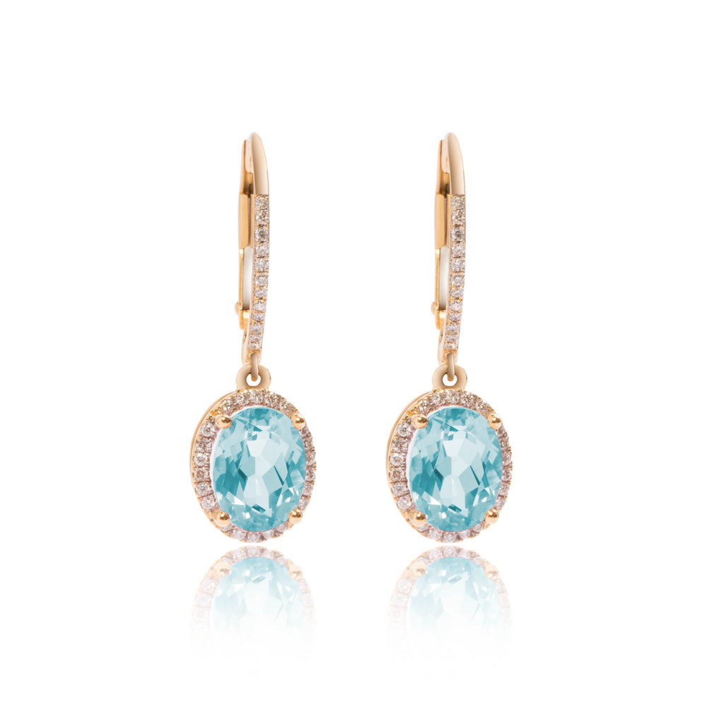 Blue topaz and micropavé halo diamond drop earrings in 18k gold