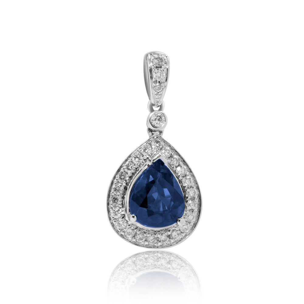 Pear cut sapphire and halo diamond pendant in 18k gold