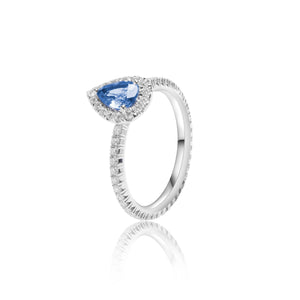 
                  
                    Load image into Gallery viewer, Pear shaped sapphire halo diamond ring in 18k white gold
                  
                