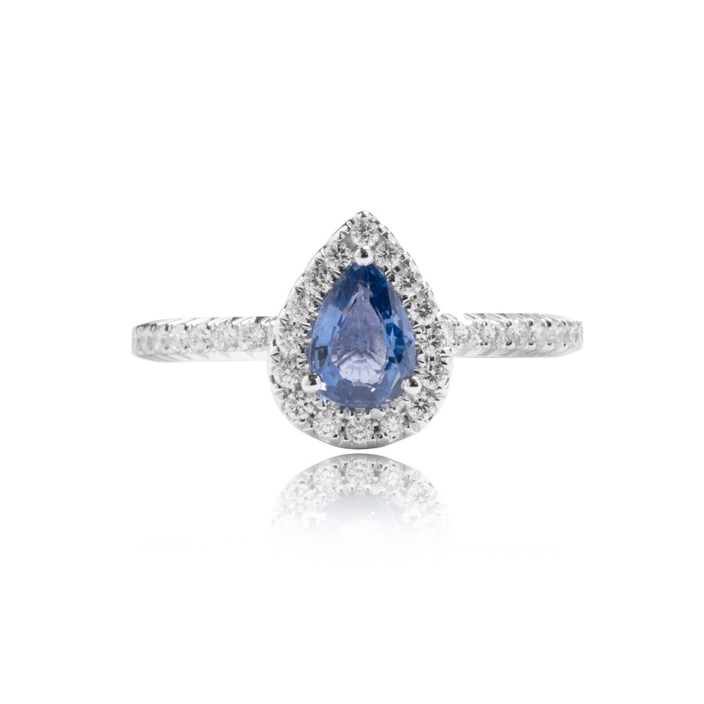 Pear shaped sapphire halo diamond ring in 18k white gold