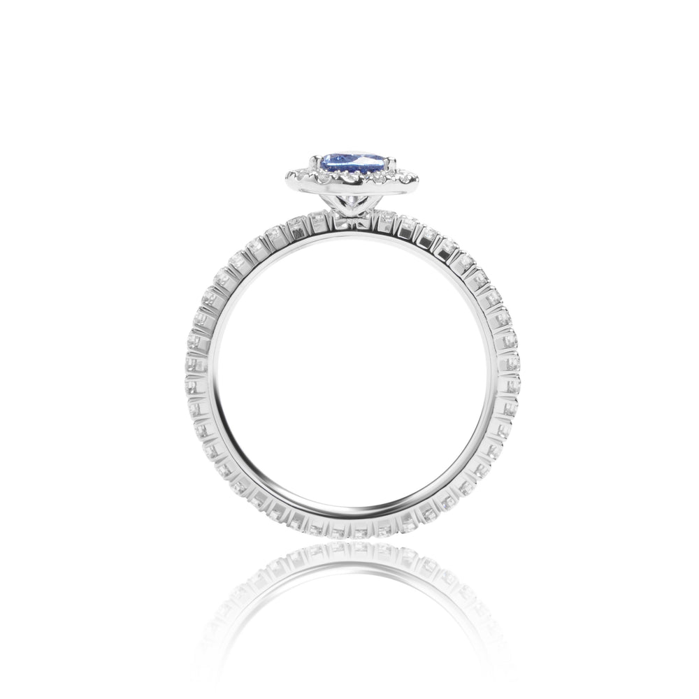 
                  
                    Load image into Gallery viewer, Pear shaped sapphire halo diamond ring in 18k white gold
                  
                