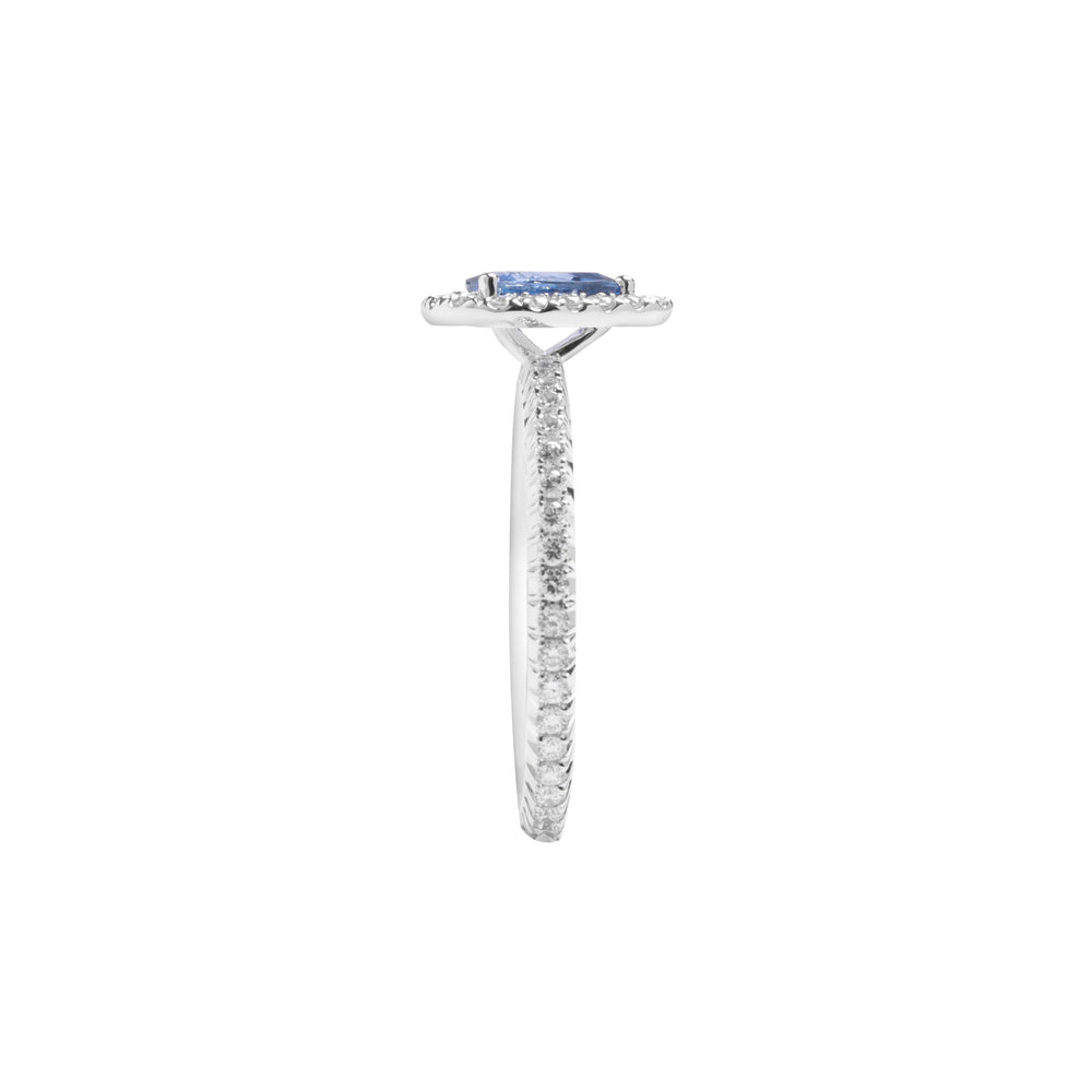 
                  
                    Load image into Gallery viewer, Pear shaped sapphire halo diamond ring in 18k white gold
                  
                