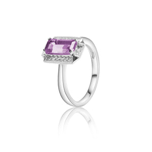 
                  
                    Load image into Gallery viewer, Radiant shaped purple sapphire diamond ring in 18k white gold
                  
                