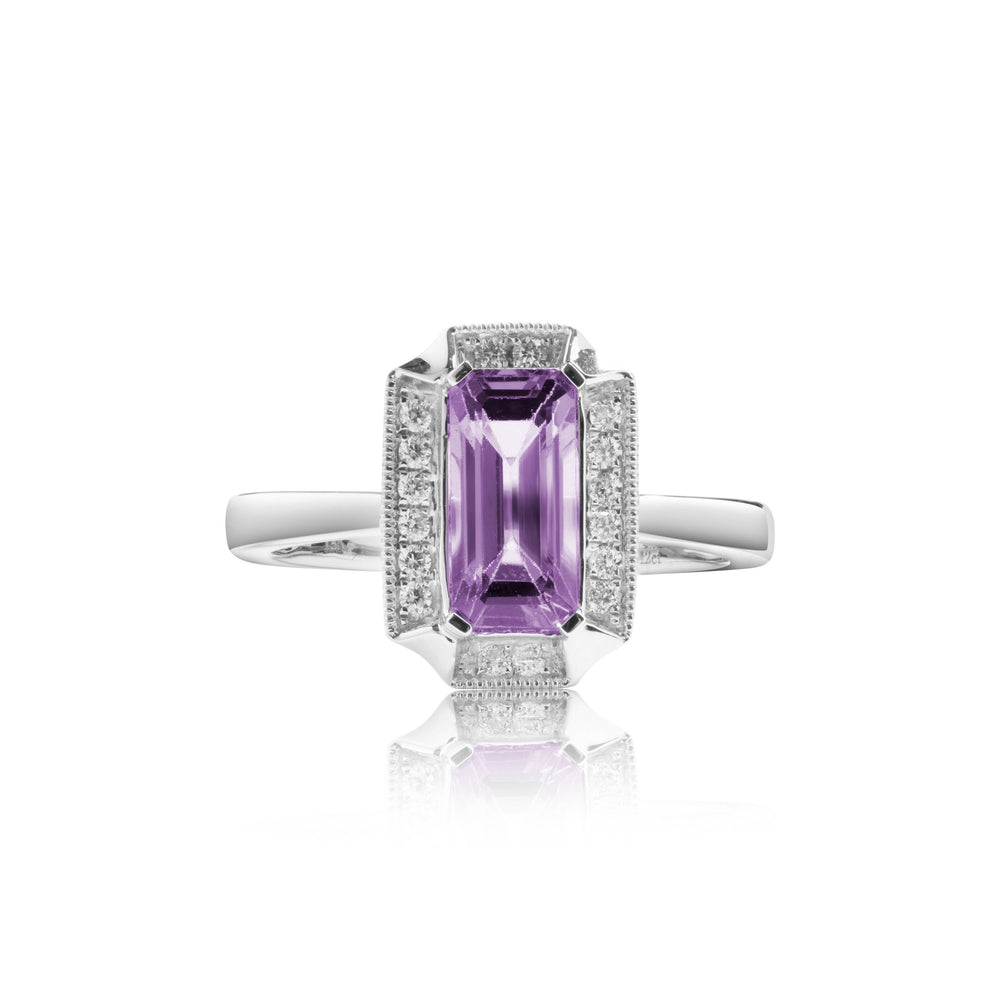 Radiant shaped purple sapphire diamond ring in 18k white gold