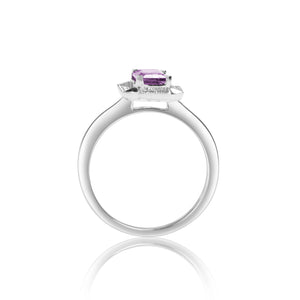 
                  
                    Load image into Gallery viewer, Radiant shaped purple sapphire diamond ring in 18k white gold
                  
                