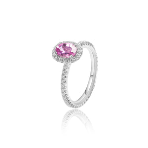 
                  
                    Load image into Gallery viewer, Oval shaped pink sapphire halo diamond ring in 18k white gold
                  
                