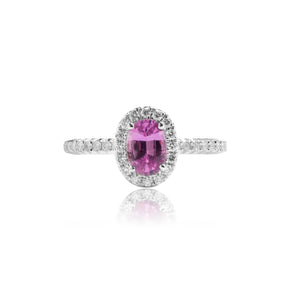 
                  
                    Load image into Gallery viewer, Oval shaped pink sapphire halo diamond ring in 18k white gold
                  
                