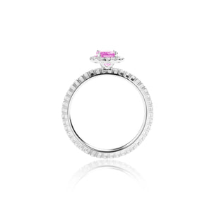 
                  
                    Load image into Gallery viewer, Oval shaped pink sapphire halo diamond ring in 18k white gold
                  
                