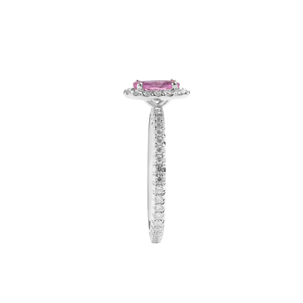 
                  
                    Load image into Gallery viewer, Oval shaped pink sapphire halo diamond ring in 18k white gold
                  
                