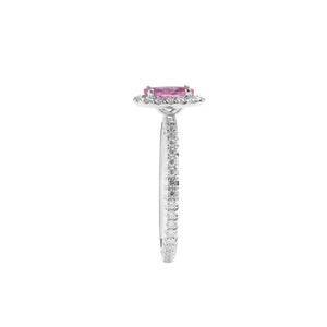 
                  
                    Load image into Gallery viewer, Oval shaped pink sapphire halo diamond ring in 18k white gold
                  
                