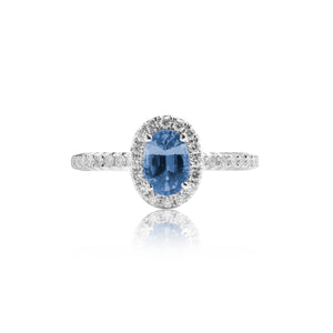 
                  
                    Load image into Gallery viewer, Oval shaped sapphire halo diamond ring in 18k white gold
                  
                