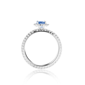 
                  
                    Load image into Gallery viewer, Oval shaped sapphire halo diamond ring in 18k white gold
                  
                