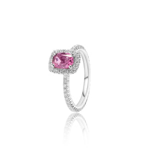 
                  
                    Load image into Gallery viewer, Radiant shaped pink sapphire halo diamond ring in 18k white gold
                  
                