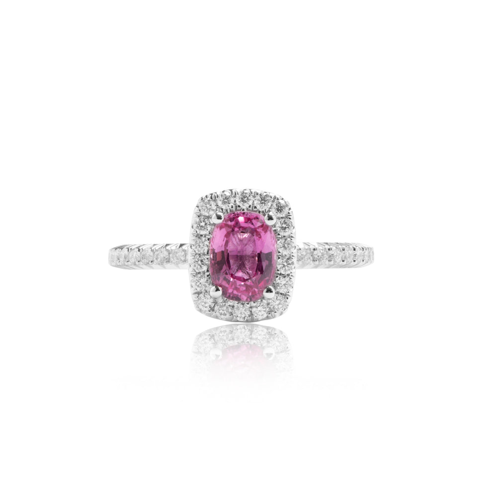 Radiant shaped pink sapphire halo diamond ring in 18k white gold