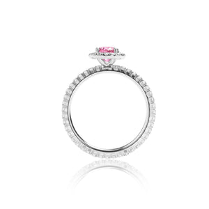 
                  
                    Load image into Gallery viewer, Radiant shaped pink sapphire halo diamond ring in 18k white gold
                  
                