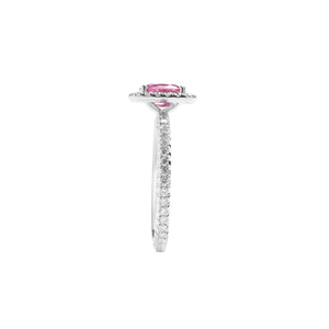 
                  
                    Load image into Gallery viewer, Radiant shaped pink sapphire halo diamond ring in 18k white gold
                  
                