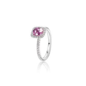 
                  
                    Load image into Gallery viewer, Cushion shaped pink sapphire halo diamond ring in 18k white gold
                  
                