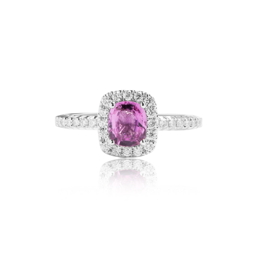 Cushion shaped pink sapphire halo diamond ring in 18k white gold