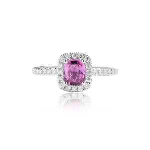 
                  
                    Load image into Gallery viewer, Cushion shaped pink sapphire halo diamond ring in 18k white gold
                  
                