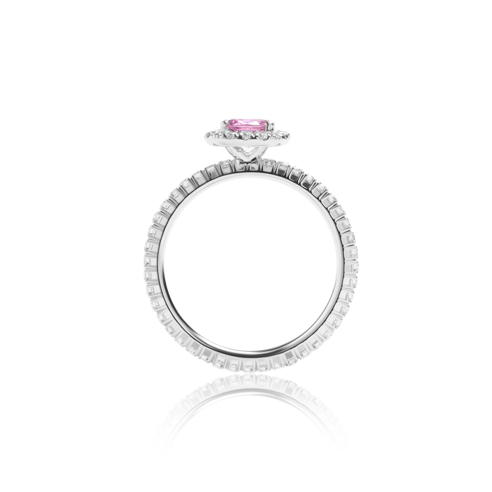 
                  
                    Load image into Gallery viewer, Cushion shaped pink sapphire halo diamond ring in 18k white gold
                  
                