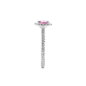 
                  
                    Load image into Gallery viewer, Cushion shaped pink sapphire halo diamond ring in 18k white gold
                  
                