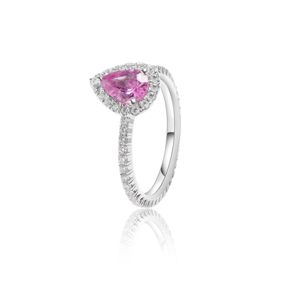 
                  
                    Load image into Gallery viewer, Pear shaped pink sapphire halo diamond ring in 18k white gold
                  
                