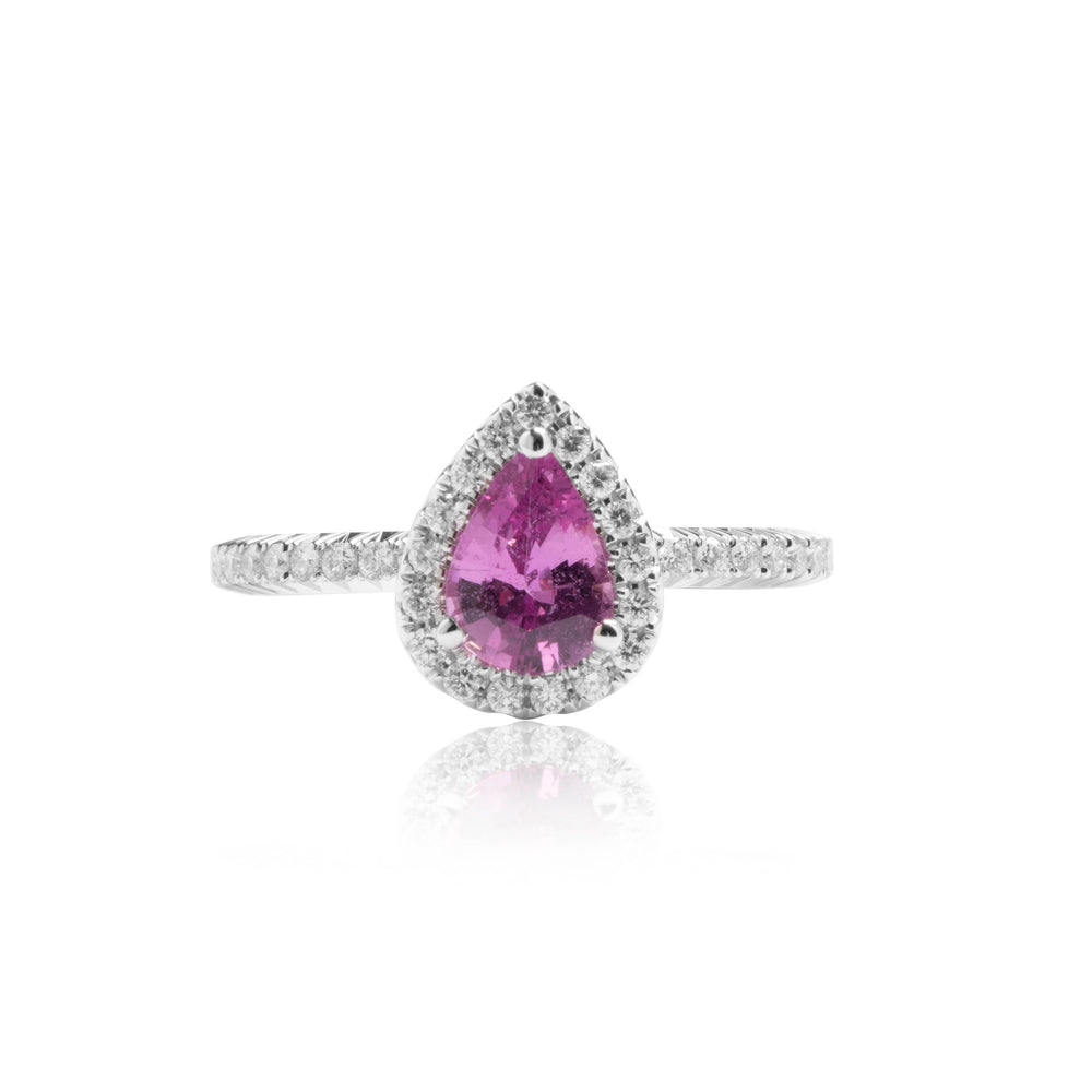 Pear shaped pink sapphire halo diamond ring in 18k white gold