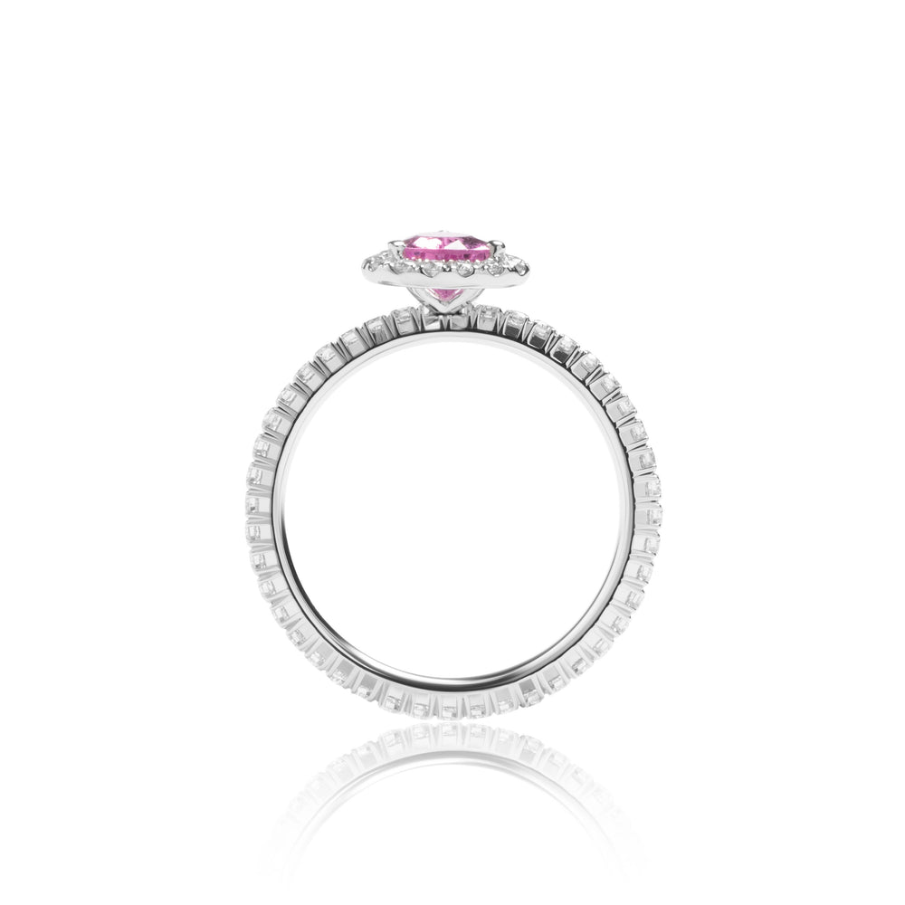 
                  
                    Load image into Gallery viewer, Pear shaped pink sapphire halo diamond ring in 18k white gold
                  
                