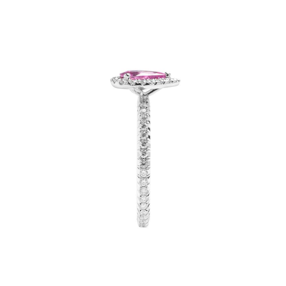 
                  
                    Load image into Gallery viewer, Pear shaped pink sapphire halo diamond ring in 18k white gold
                  
                