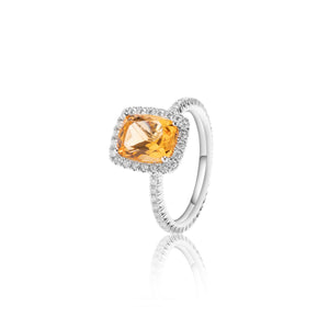 
                  
                    Load image into Gallery viewer, Cushion shaped citrine halo diamond ring in 18k white gold
                  
                