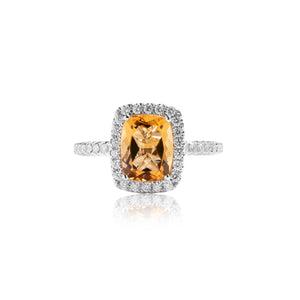 
                  
                    Load image into Gallery viewer, Cushion shaped citrine halo diamond ring in 18k white gold
                  
                