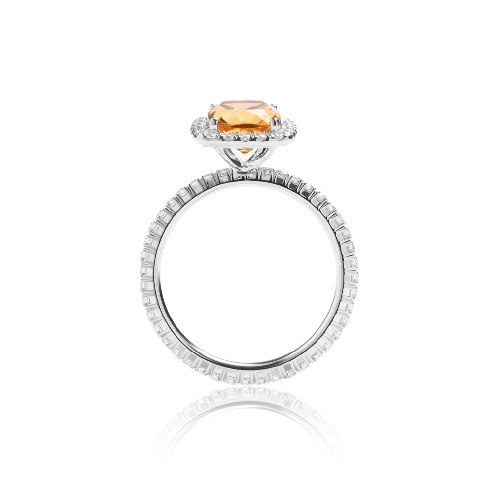 
                  
                    Load image into Gallery viewer, Cushion shaped citrine halo diamond ring in 18k white gold
                  
                