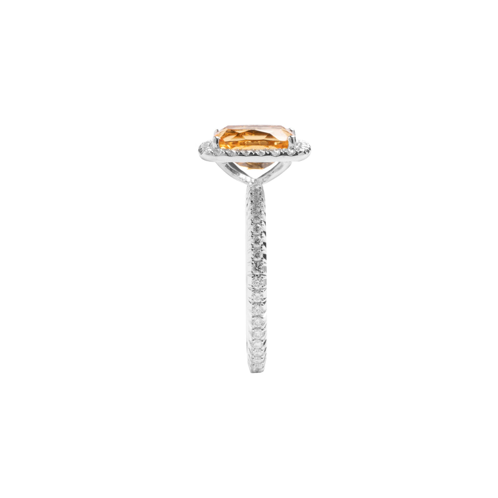 
                  
                    Load image into Gallery viewer, Cushion shaped citrine halo diamond ring in 18k white gold
                  
                