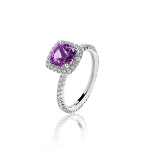 
                  
                    Load image into Gallery viewer, Cushion shaped amethyst halo diamond ring in 18k white gold
                  
                
