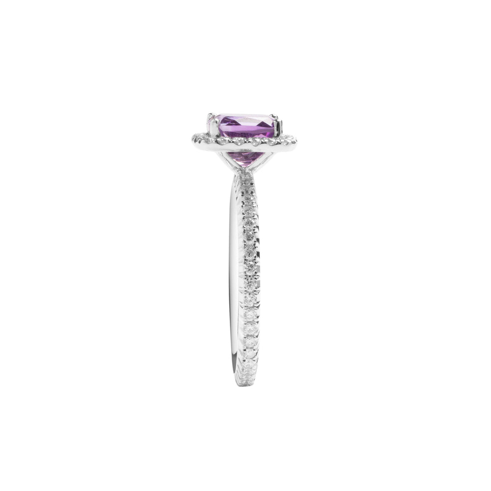 
                  
                    Load image into Gallery viewer, Cushion shaped amethyst halo diamond ring in 18k white gold
                  
                