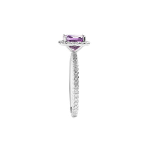 
                  
                    Load image into Gallery viewer, Cushion shaped amethyst halo diamond ring in 18k white gold
                  
                