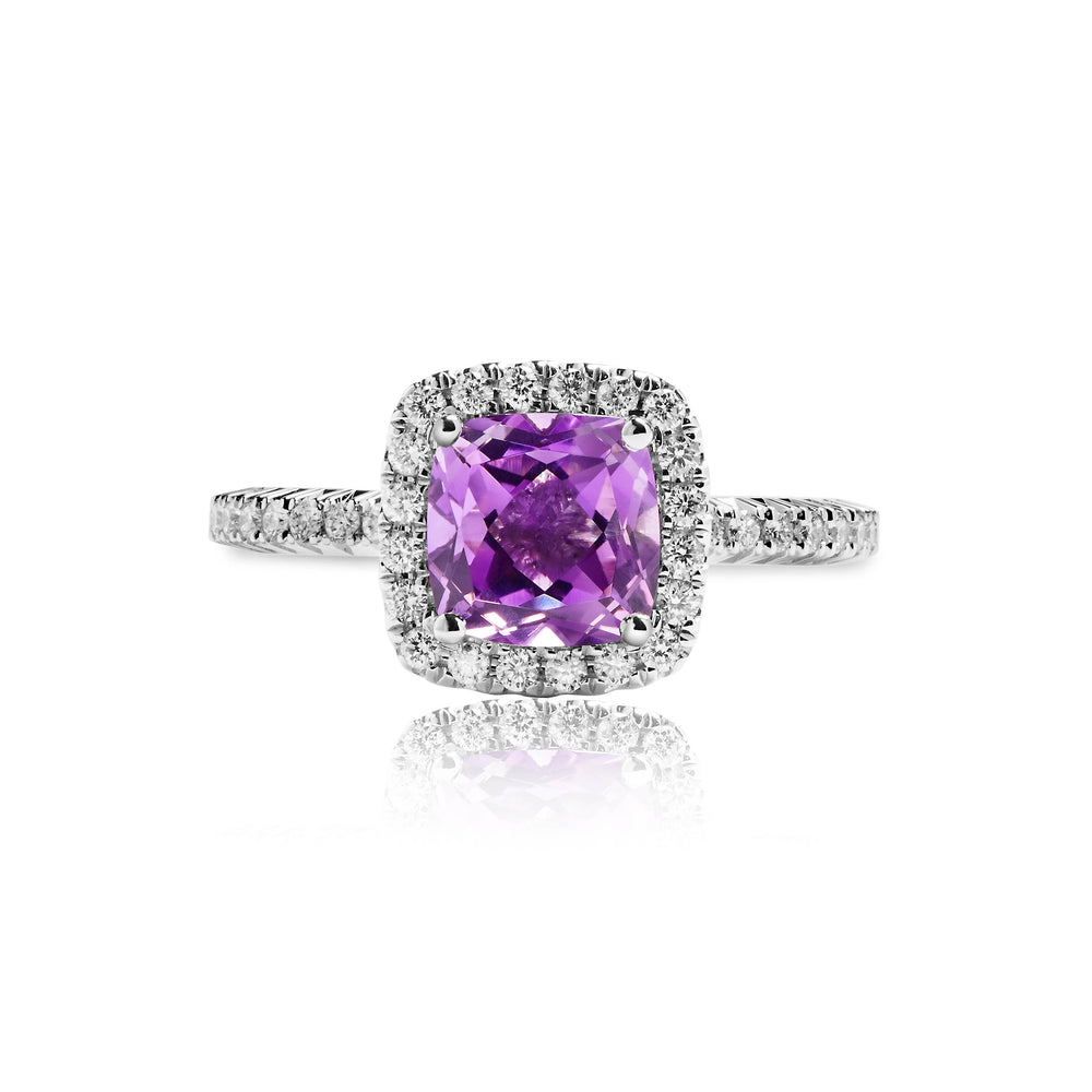 Cushion shaped amethyst halo diamond ring in 18k white gold