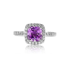 
                  
                    Load image into Gallery viewer, Cushion shaped amethyst halo diamond ring in 18k white gold
                  
                