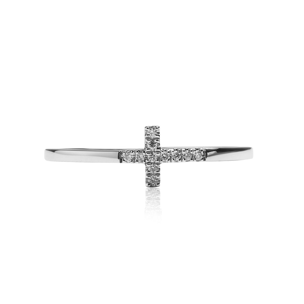 Petite diamond cross ring in 18k white gold