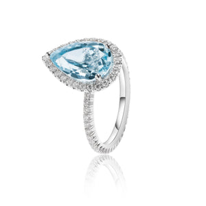 
                  
                    Load image into Gallery viewer, Pear shaped blue topaz halo diamond ring in 18k white gold
                  
                