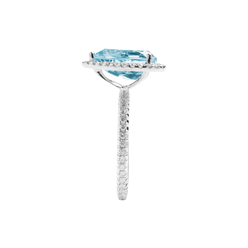 
                  
                    Load image into Gallery viewer, Pear shaped blue topaz halo diamond ring in 18k white gold
                  
                