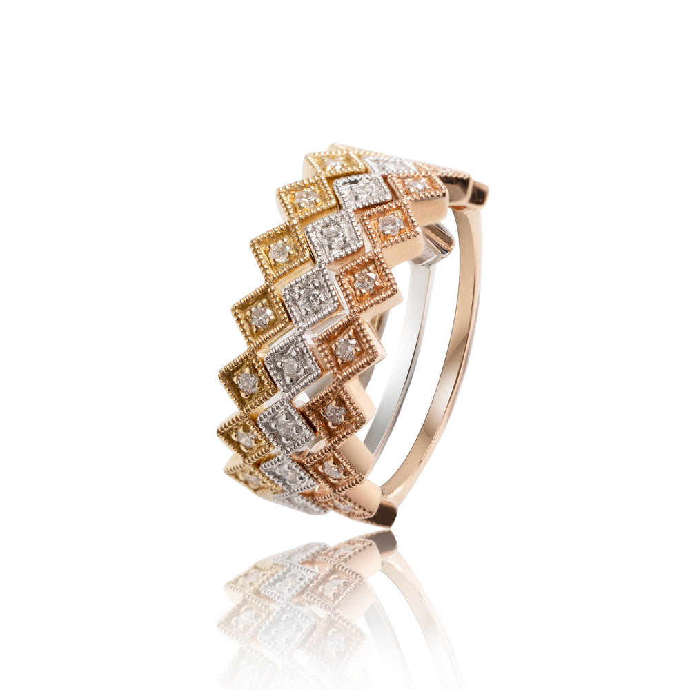 
                  
                    Load image into Gallery viewer, Three tone matched diamond ring in 18k yellow, white and rose gold
                  
                