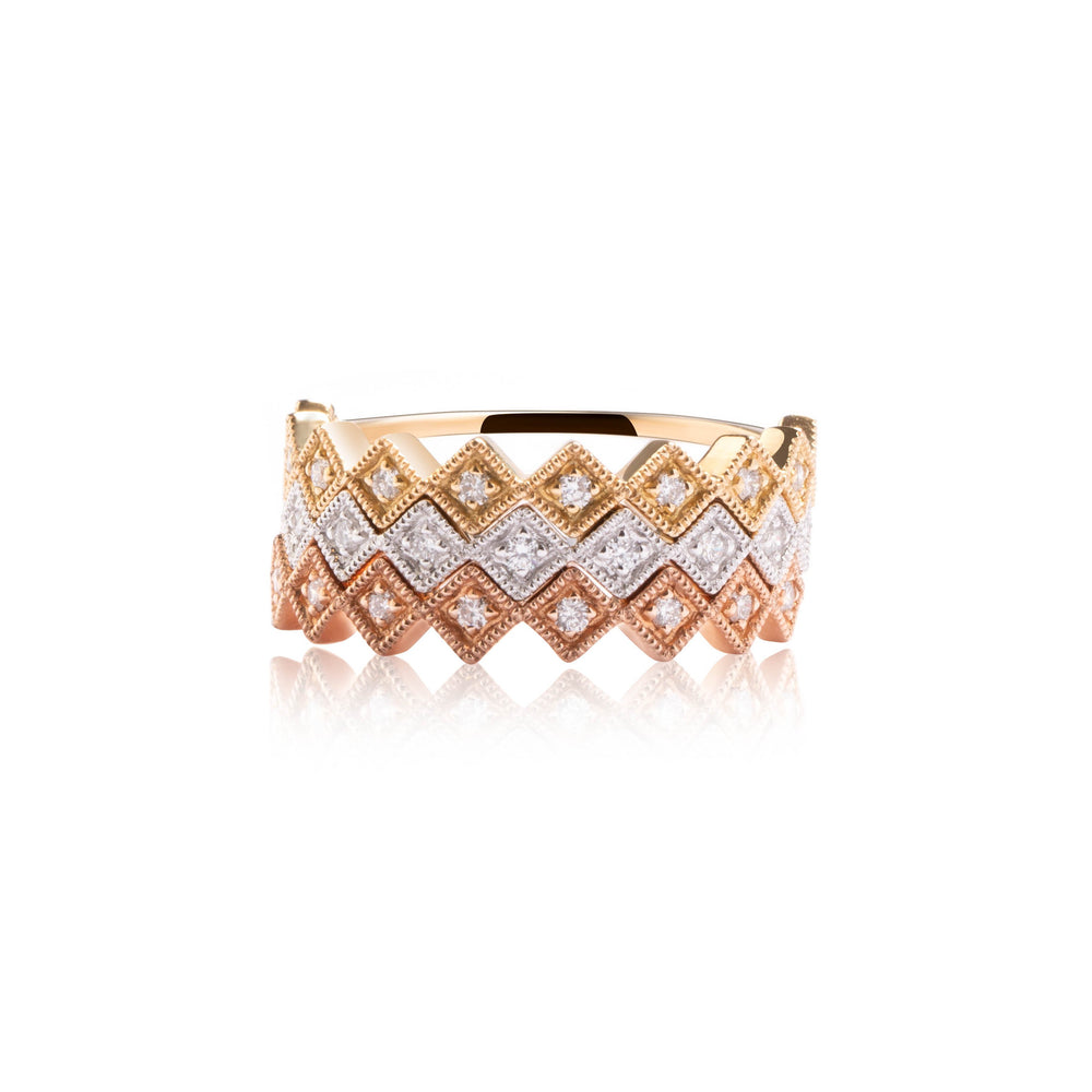 Three tone matched diamond ring in 18k yellow, white and rose gold