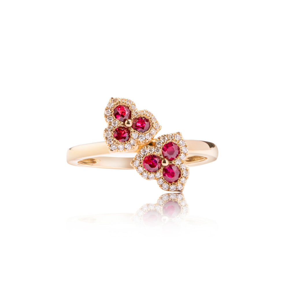 Ruby and diamond floral ring in 18k yellow gold
