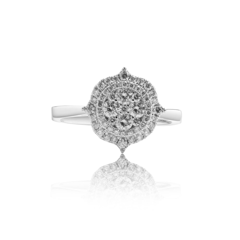 Petite halo micropavé diamond ring in 18k white gold