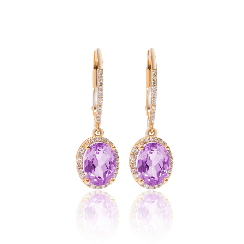 Amethyst and micropavé halo diamond drop earrings in 18k yellow gold