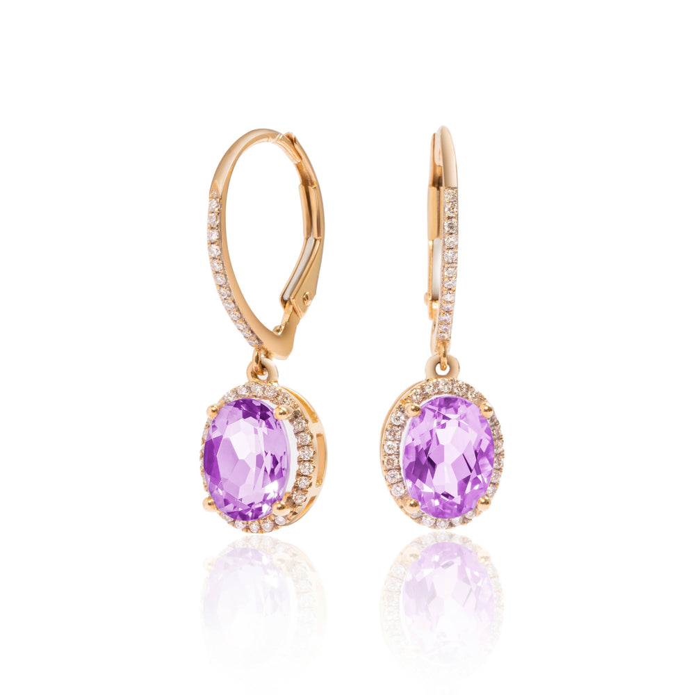 
                  
                    Load image into Gallery viewer, Amethyst and micropavé halo diamond drop earrings in 18k yellow gold
                  
                